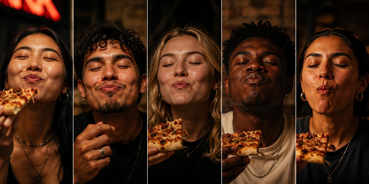 Someone biting into a loaded, saucy Crazy Pizza slice