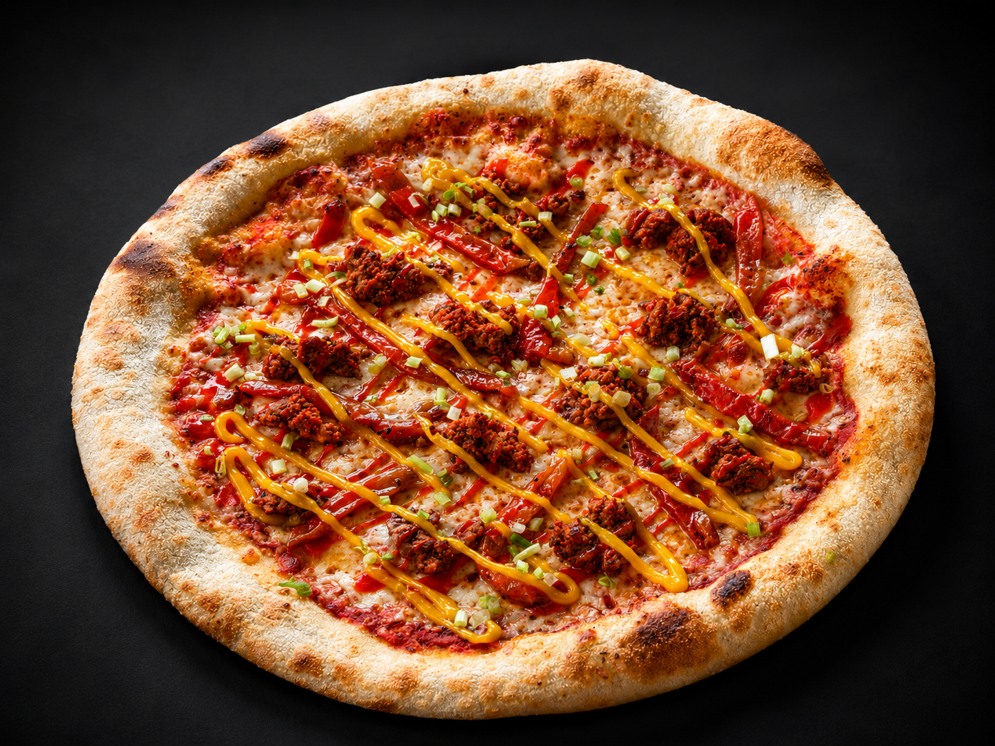 Sriracha Queen pizza with spicy sausage, sriracha and carbocrema