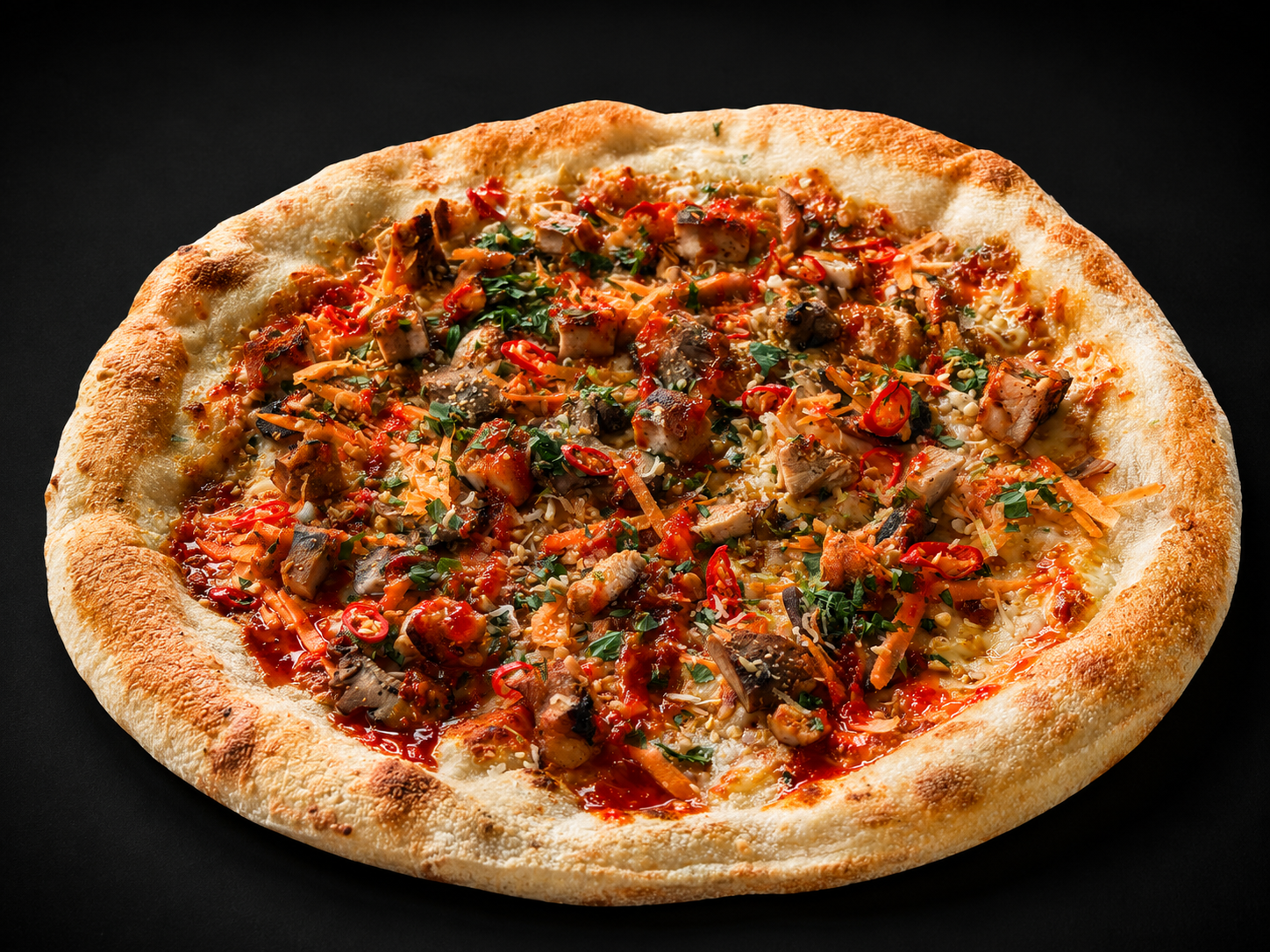 Thai Fighter pizza with coconut curry, chicken, peanuts and lime