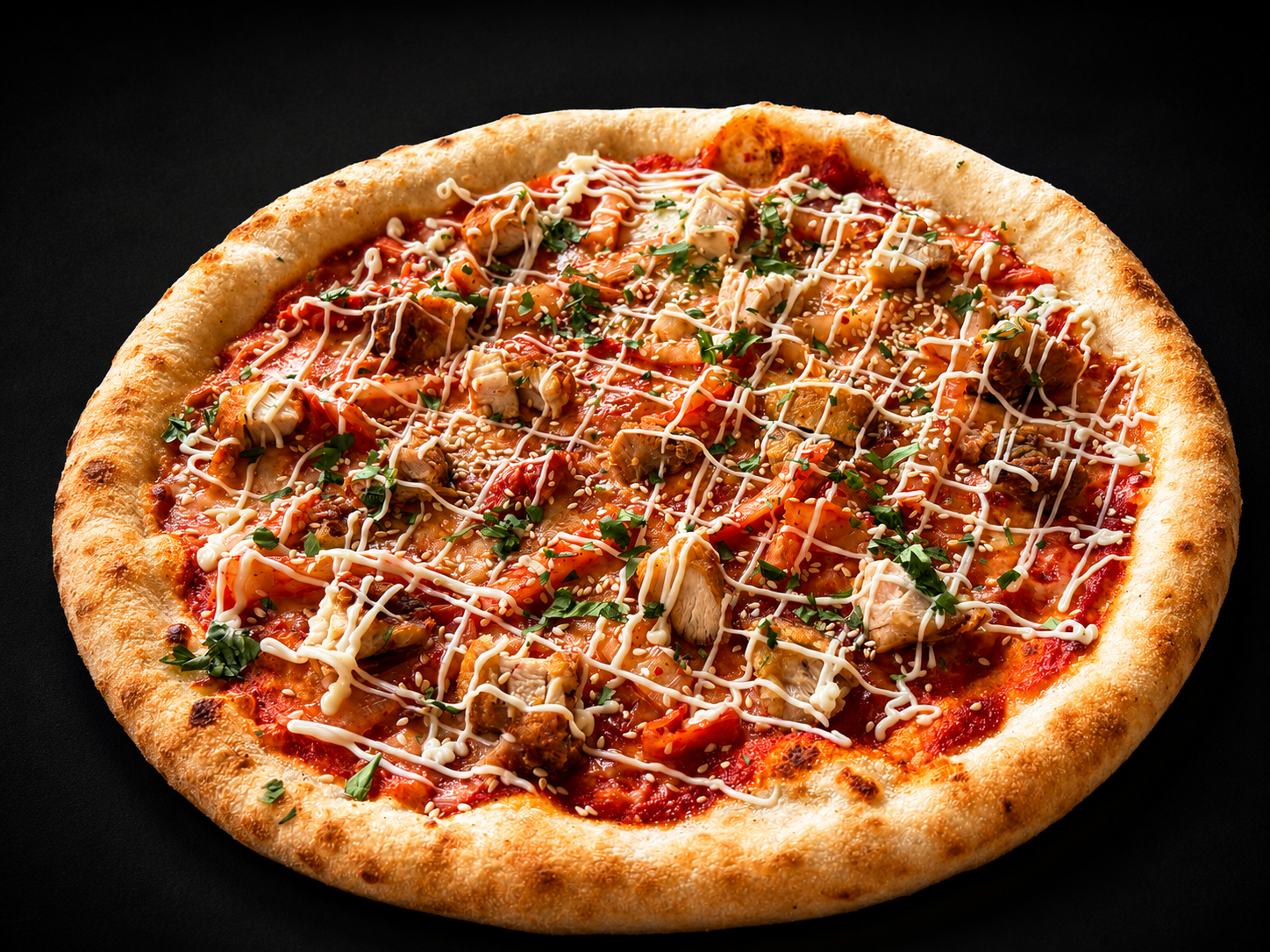 Kimchi Addict pizza with gochujang, crispy chicken and kimchi